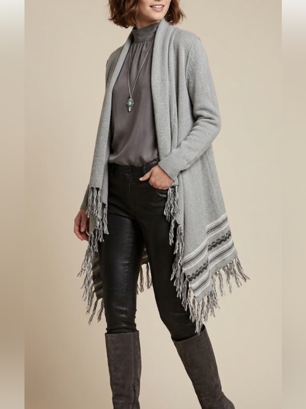 Cabi Style 974 Prairie Wrap Open Front 100% Cotton Gray Cardigan Fringe XS